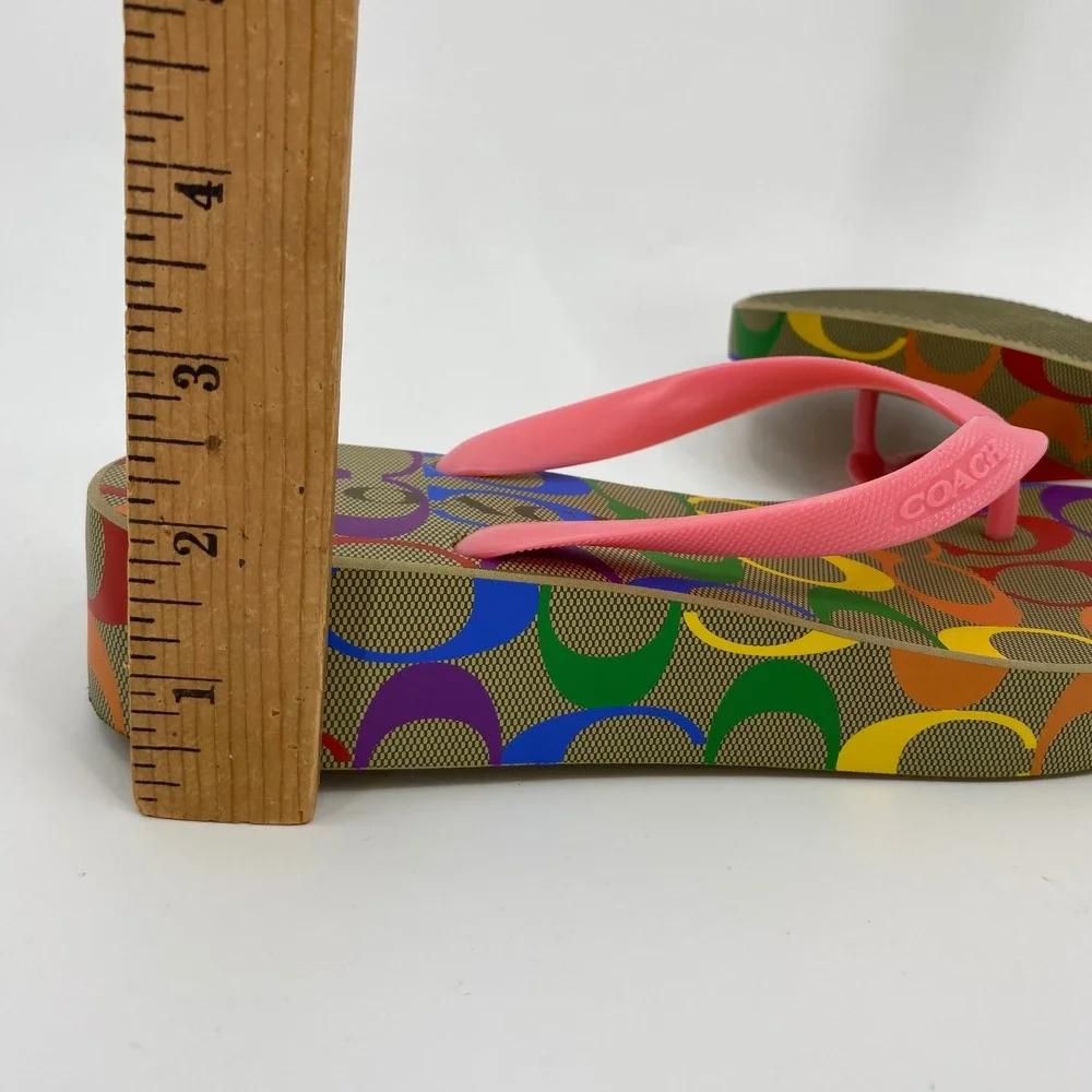Coach Rainbow Logo Platform Flip Flops Sandals Pink Straps Women's Size 7 Spring